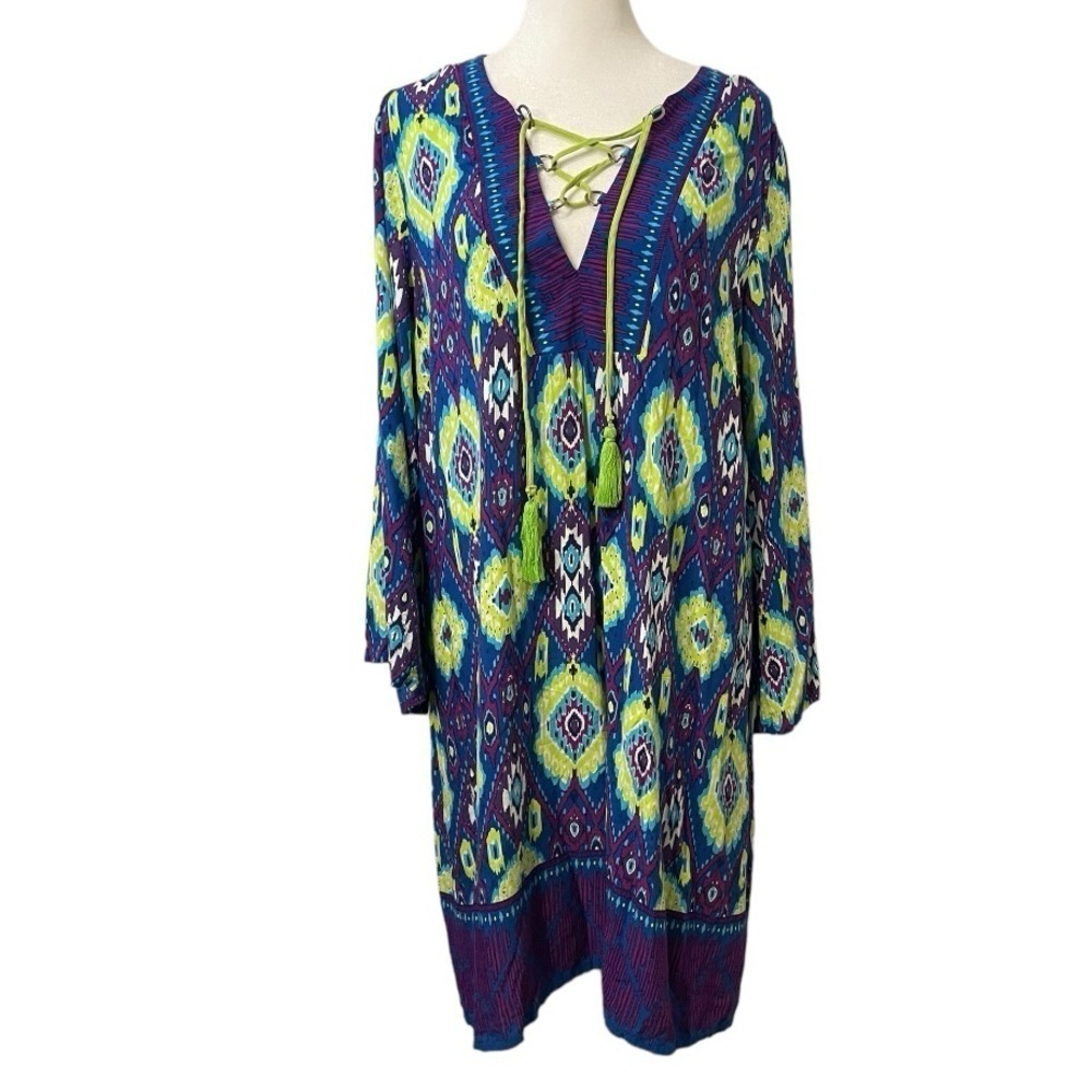 Zuleyka Rivera Boho Tunic Dress Bright Colored Geometric Print Bell Sleeves Sz L